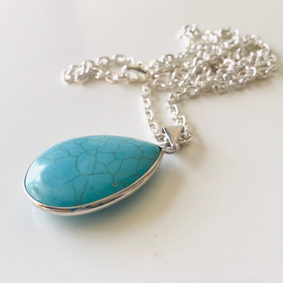 Teal & Slivertone Teardrop Pendant Necklace - Picture 5 of 8